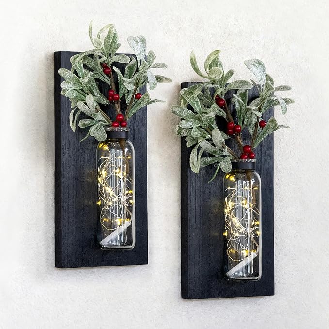 Heiple 2 Pack Wall Planters for Indoor Plants, Wood Glass Decor for Bathroom, Bedroom Living Room, Modern Farmhouse Wooden Pocket Wall Vases for Dried Flowers and Plastic Plants (Black)