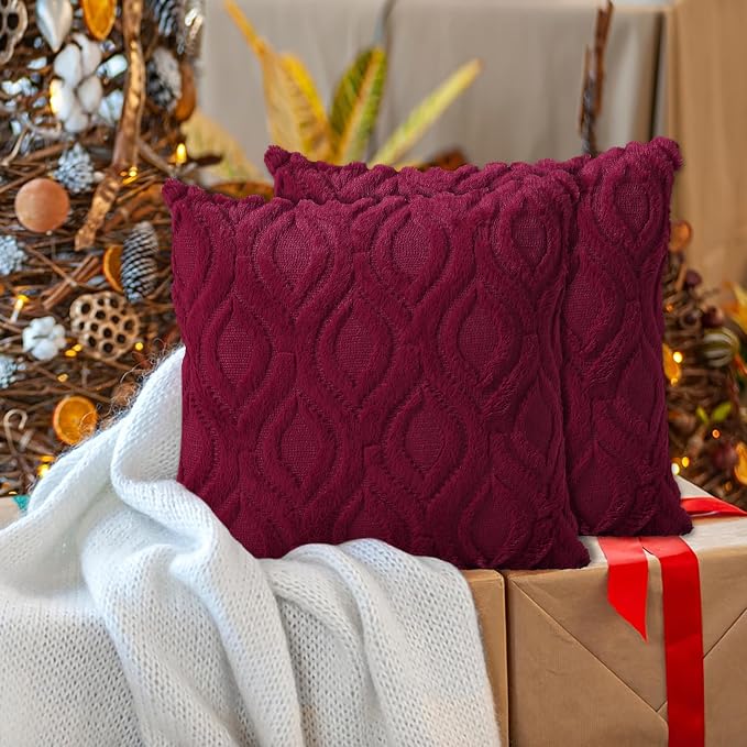 decorUhome Faux Fur Plush Soft Burgundy Throw Pillow Covers 26x26 Set of 2 | Plush Solid Fall Couch Pillow Covers, Accent Modern Farmhouse Neutral Decorative Square Pillow Cases for Sofa Bed Living Room