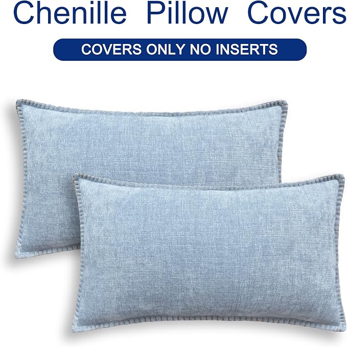 CaliTime Decorative Couch Throw Pillow Covers 20 X 12 Inches Baby Blue | Pack of 2, Cozy Chenille Cushion Cases, Cotton Thread Stitching Edges, for Sofa Bed Living Room Farmhouse
