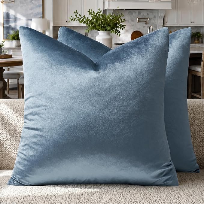 GIGIZAZA Stone Blue Velvet Throw Pillow Covers 24x24 Pack of 2 | Decorative Pillows for Couch Sofa,280gsm Soft Textured Fabric,Modern Square Pillowcases,Luxury Cushion Covers
