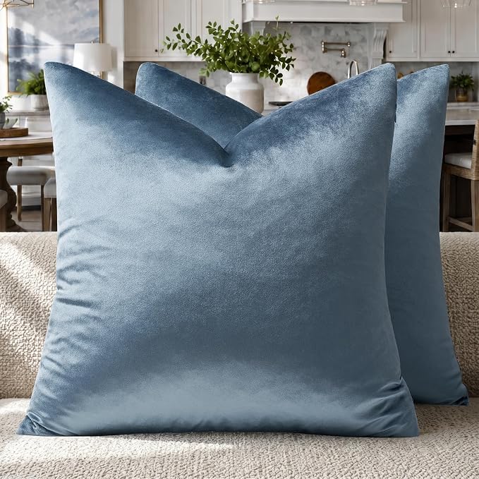 GIGIZAZA Stone Blue Velvet Throw Pillow Covers 16x16 Pack of 2 | Decorative Pillows for Couch Sofa,280gsm Soft Textured Fabric,Modern Square Pillowcases,Luxury Cushion Covers