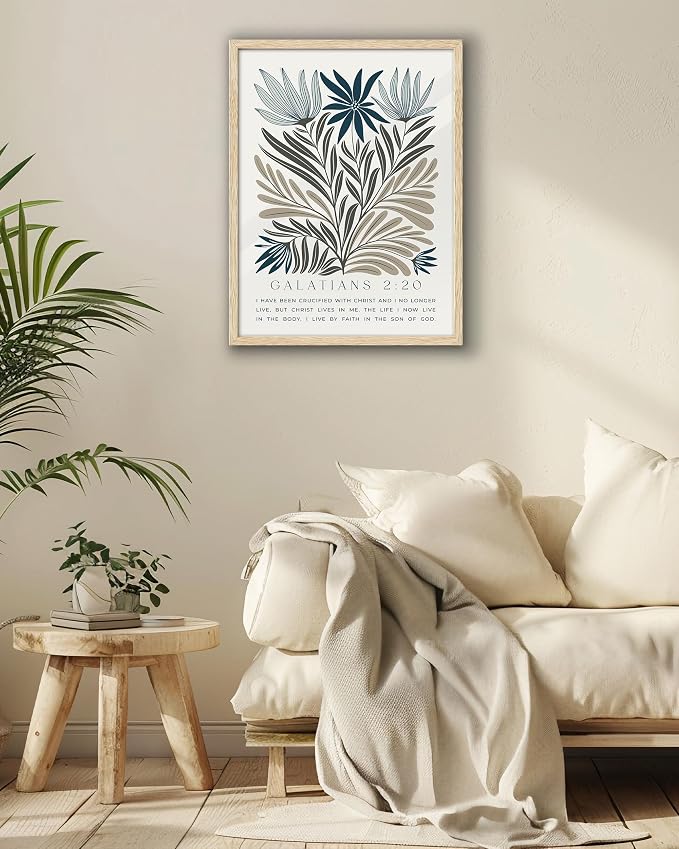 EcoHest 12x16 in Galatians 2:20 Botanical Floral Framed Christian Wall Art | Natural Oak Wood Frame, Canvas Wall Art, Nature Scripture Bible Verse Decor for Bedroom, Living Room, Office, Church, 1Pack