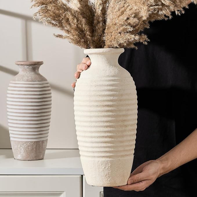 Vaseking Ceramic Natural Rustic Vase, 14.4 Inch Large Vintage Flower Threaded Decorative Farmhouse Tall Vase for Home Decor, Living Room, Shelf Decor, Wedding, Housewarming Gift, Off-White