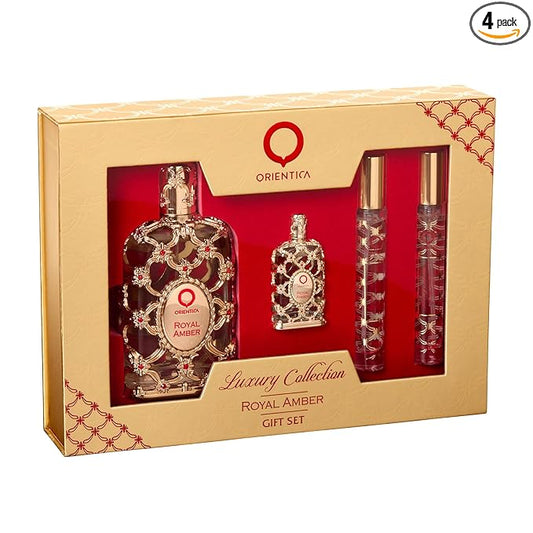 Orientica Royal Amber 4-Pc Gift Set Eau De Parfum - Fruity, Gourmand, Amber, Woody, Vanilla, Bergamot, Melon, Pineapple| Arabic Perfume for Women - 2.7oz spray, 2 x 10ml spray, 7.5ml splash
