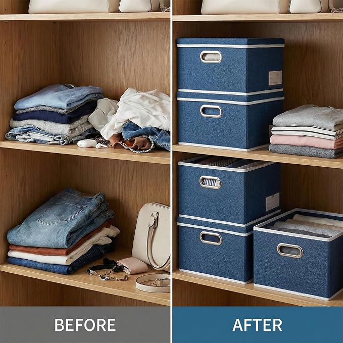 Storage Bins with Lids [3-Pack] Linen Fabric Foldable Storage Boxes Organizer Containers Baskets Cube with Cover for Bedroom Closet Office Royal Blue（11.4X8.6X6.7