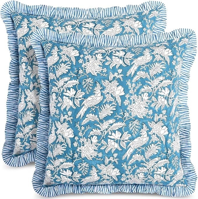 CPC Block Print Ruffle Throw Cover Blue Sapphire 20"x20" Inch Pack of 2-100% Cotton Ruffle Couch Decorative Boho Pillows Case for Living Room, Bedroom, Sofa, Farmhouse Gift for Spring, Mother's Day