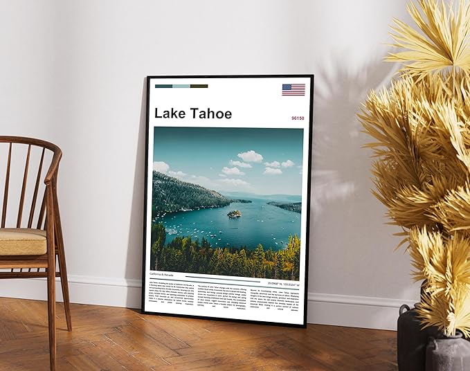 Poster Lake Tahoe Wall Art Original Design(17"x11" Golden Frame) Emerald Bay California Nevada Landscape Print Sierra Nevada Mountains Nature Scenery Alpine Lake View Travel Photography Picture