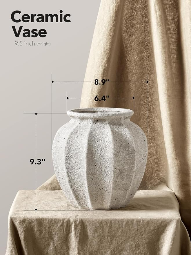 LE TAUCI 9.3" Ceramic Vase, Artisan Large White Ceramic Vase for Modern Farmhouse Home Decor, Substantial & Stable, Handcrafted Flower Vase, Living Room & Dining Room Table Centerpiece, Rustic White