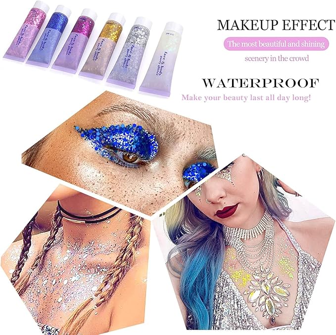 Silver Hair Glitter,Sparkling Neon Outfit Party Holographic Sequins Paint Body Glitter Gel Makeup.(05# Silver)