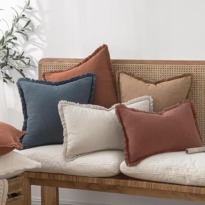 MIULEE Linen Fringe Decorative Fall Throw Pillow Covers Autumn Glaze 18x18 | Set of 2, Cottagecore Decor, Boho Farmhouse Neutral Pillow Covers, Rustic Fall Couch Cushion Cases for Sofa Bed Living Room