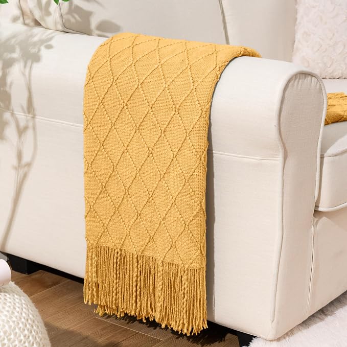 BATTILO HOME Yellow Throw Blanket with Fringe, Gold Bed Throws Spring Decorative Large Throw for Couch Sofa Indoor Outdoor (Yellow, 52"x80")