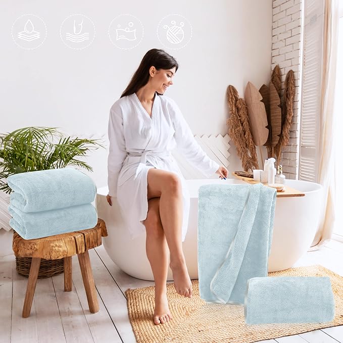 TENSTARS Silk Hemming Bath Towels for Bathroom Clearance - 27 x 55 inches - Light Thin Quick Drying - Soft Microfiber Absorbent Towel for Bath Fitness, Sports, Yoga, Travel, Gym - 2 Pack, Light Teal