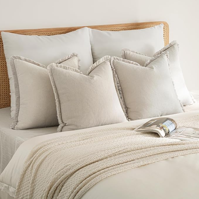 MIULEE Fall Linen Fringe Pillow Covers Set of 4 18x18 Neutral Beige | Boho Farmhouse Decorative Throw Pillow Covers, Neutral Soft Rustic Cushion Cases, for Couch Sofa Bed Living Room Home Decor