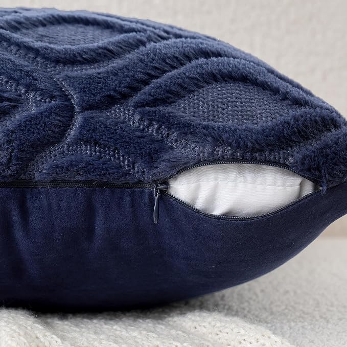 MIULEE Navy Blue Soft Plush Faux Wool Throw Pillow Covers 16x16 | Set of 2, Farmhouse Boho Home Decor, Decorative Cushion Covers for Sofa, Living Room, Bed
