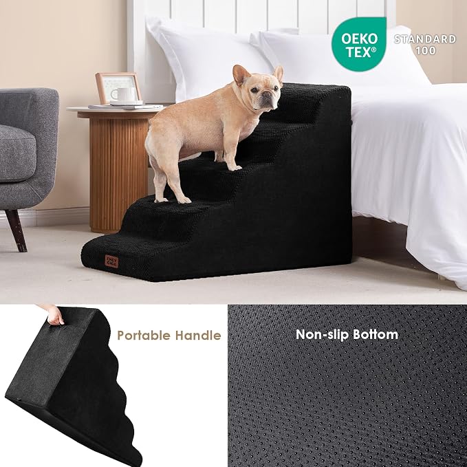 EHEYCIGA Curved Dog Stairs Ramp, 5-Step Extra Wide High Beds, Dog Steps | 33D density of pure foam, for Small Dogs and Cats, Pet Stairs for High Bed Climbing, Non-Slip Balanced Indoor, Black