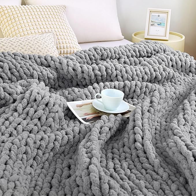 Chunky Knit Blanket Throw for Couch, 51"x63" Chunky Yarn Knitted Blankets | 100% Hand Knit Thick Chenille, Soft Breathable for Bed, Sofa, Home Decor, Cozy Gifts for Women Friends, Dark Gray