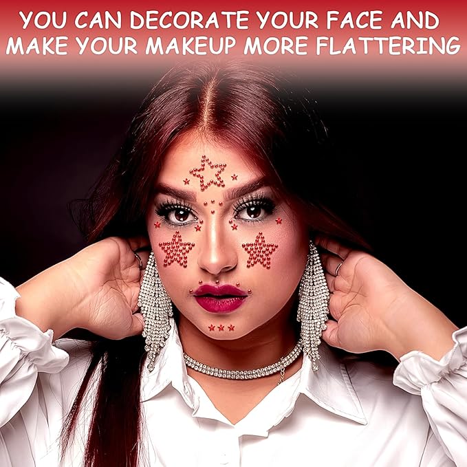 3 Sheers Red Star Gems Stickers Acrylic Star Rhinestone Sticker Self Adhesive Face Jewels Stick On Eye Nail Body Crystal Pearls Jewels Face Sticker Decorative Stickers for Independence Day