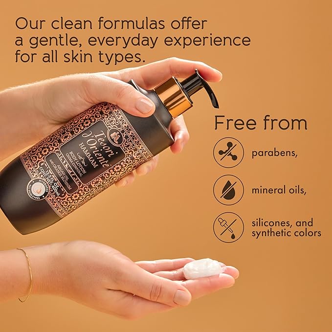 Tesori d’Oriente Hammam Body Lotion, 13.5 fl oz, Daily Full Body Moisturizer with Argan Oil, Fast-Absorbing, Lightweight & Non-Greasy, Orange Blossom Scented, All Skin Types