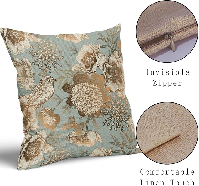Vintage Floral Pillow Covers 24X24 Inch Set of 2 Rose Gold Flowers Bird Butterfly Decorative Pillow Cases Blue Brown Cotton Linen Cushion Case Farmhouse Home Decor for Sofa Couch Living Room