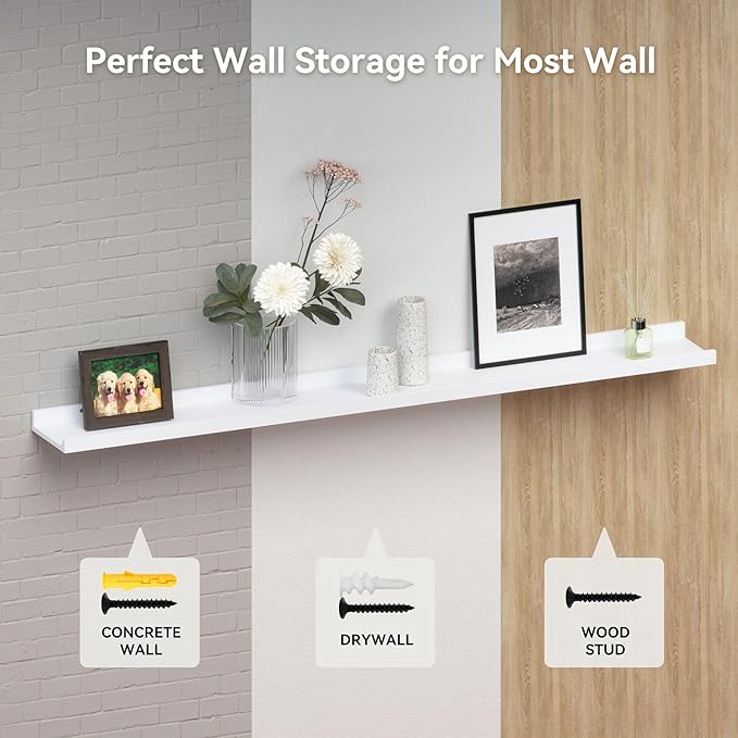 Boswillon Floating Shelves Set of 2, Long Wall Shelf with Lip, 56in, White | Display Ledge Shelf for Room Wall, Wall Decor Shelves for Bathroom, Living Room, Bedroom, Kitchen, Nursery Room, Modern, Wood