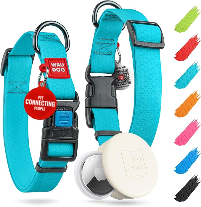WAUDOG Waterproof Dog Collar Airtag Holder QR Tag Small Medium Large Dogs | Water and Dirt Resistant, Quick Dry QR Pet Tag Adjustable Durable Comfort for Male and Female Dogs Outdoor Walking Training
