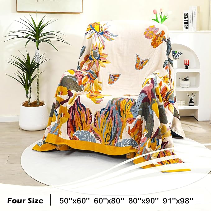 VANJOROY Boho Large Throw Blanket, 100% Organic Cotton Breathable Soft Bed King Throw - Fall Floral Bird Butterfly Farmhouse Decor Blanket for Sofa Couch Chair and Gift. 91" x 98"