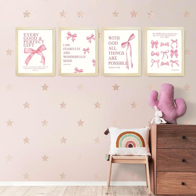 LARTSFRO Coquette Pink Bow Wall Art Decor Posters, Pink Bow Room Bedroom Bathroom Dorm Wall Art Decor Aesthetic for College Teen Girls Gifts, Inspirational Bible Verses Bow Wall Decor, 10x8 Inch Set of 4 Pcs Bow Pictures (WOOD-GRAIN FRAMED)