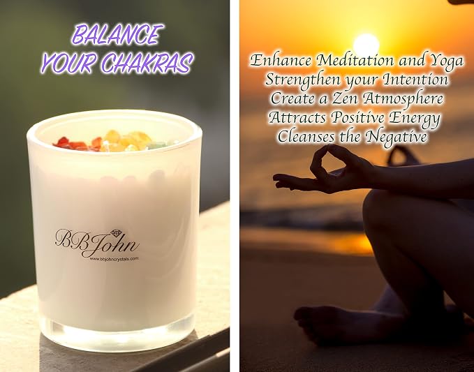 Chakra Crystal Candle - Manifestation Intention - Healing Crystals Gemstones - Seven Chakras Stones - Meditation - Spiritual Aromatherapy - Stress Relief, Relaxing & Balance - Natural Soy Wax