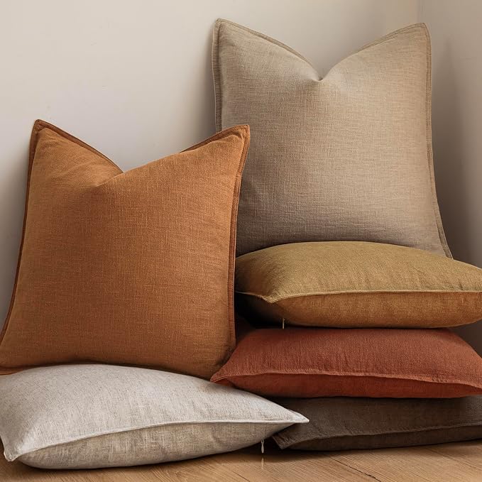 Foindtower Set of 2, Decorative Linen Solid Throw Pillow Covers Soft Accent Euro Cushion Case Boho Farmhouse Pillowcase for Chair Couch Sofa Bedroom Living Room Home Decor 20 x 20 Inch Autumn Orange