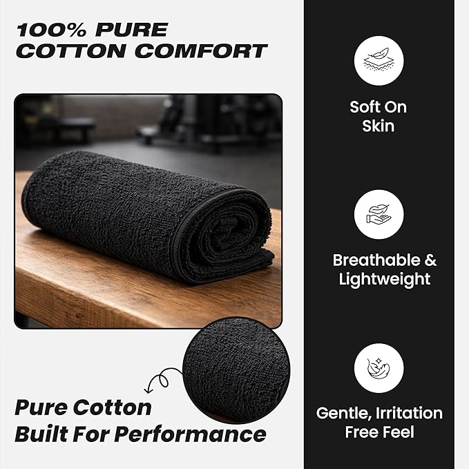 Sports Towel - Double Pack (2 Pieces), 12"x51", Black, 100% Cotton - Oeko-Tex Certified, Very Absorbent and Quick-Drying, for Fitness, Gym and Yoga
