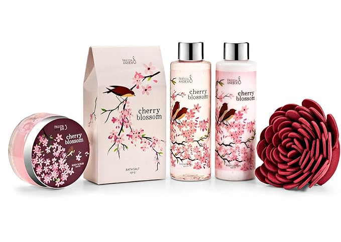 Elegant Modern Bath and Body Gift Set Home Spa Set with Shower Gel, Body Lotion, Bath Salt, Body Scrub & Pouf in Wooden Curio (Modern Cherry Blossom) – Mother's Day Gift for Mom