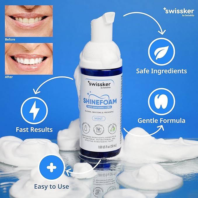 Swissker by Swissklip ShineFoam | Teeth Whitening Foam | Mint Flavor Whitening Toothpaste | Teeth Whitener I Professional Teeth Whitening Kit | 100% Vegan - Made in USA - 1.69 oz - Pack 3