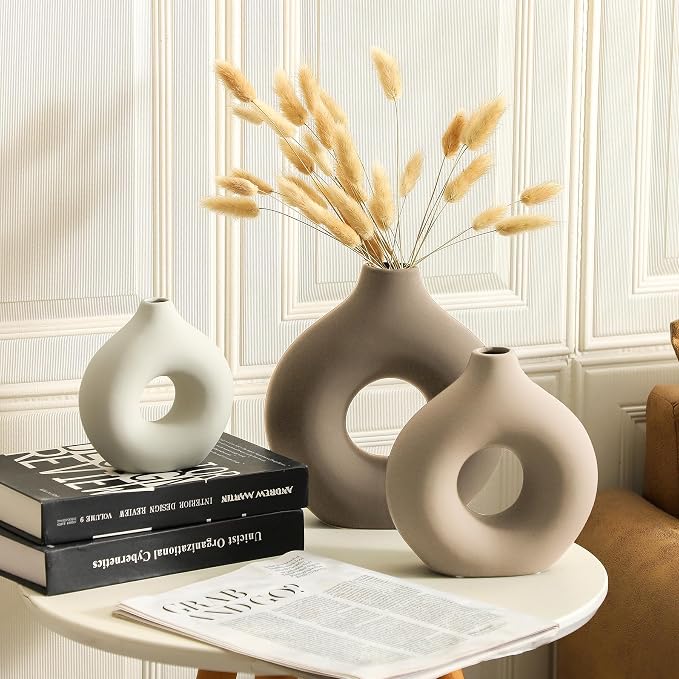 Vanselia Ceramic Vase Home Table Decor - Flower Vases Set of 3 Small Living Room Centerpiece Decorations for Shelf Bedroom Office Kitchen Dining Desk Modern Aesthetic Farmhouse Decorative (Farmhouse)