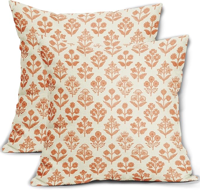 Orange Floral Pillow Covers 20x20 Inch Set of 2, Vintage Flower Block Print Pattern Decorative Throw Pillowcases Outdoor Farmhouse Cushion Covers Spring Summer Rustic Sofa Couch Bed Decor