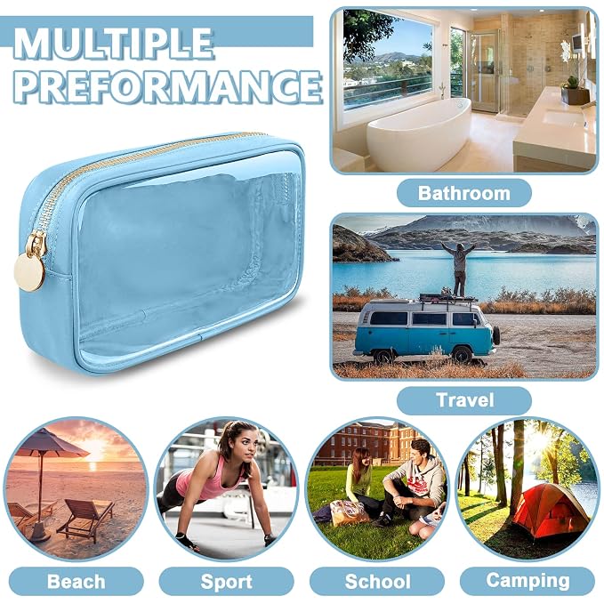 UIXIZQ Clear Small Makeup Bag with Zipper, Nylon&PVC Cosmetic Travel Bag Preppy TSA Approved Toiletry Bag for Women Girls, Transparent Waterproof Makeup Pouches Cute Travel Bag for Purse(Small-Blue)