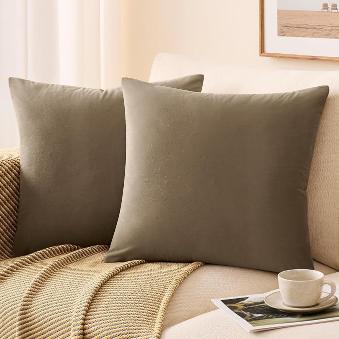 Throw Pillow Covers Set of 2 22x22 Inch Velvet Pillow Covers, Soft Khaki Decorative Covers for Couch Sofa Bed Living Room, Neutral Farmhouse Covers, Home Boho Decor
