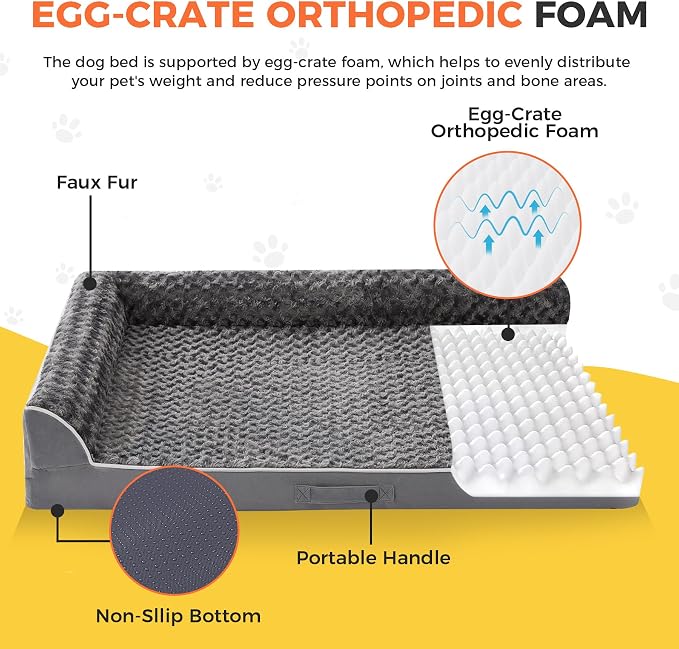 Orthopedic Dog Bed for Medium Size Dog, 36"x27"x6.5", Dark Grey | Waterproof, Washable Cover, L-Shaped Pet Couch, Egg-Crate Foam for Pressure Relief, Portable Handle