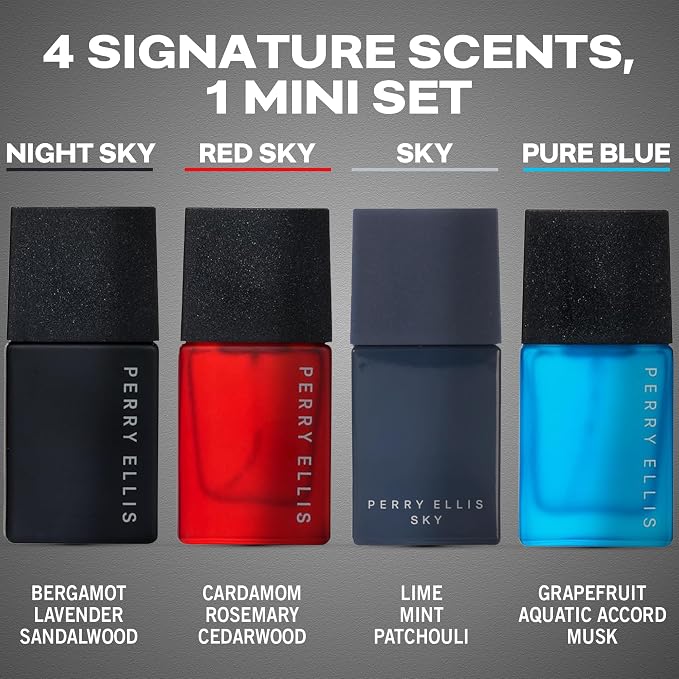 Perry Ellis Men's 4-Piece Mini Set - Cologne for Men, Mens Cologne Gift Sampler Set, EDT, Perfume Samples, Travel Size - Night Sky, Red Sky, Sky, Pure Blue - 0.25 fl oz (Pack of 4)