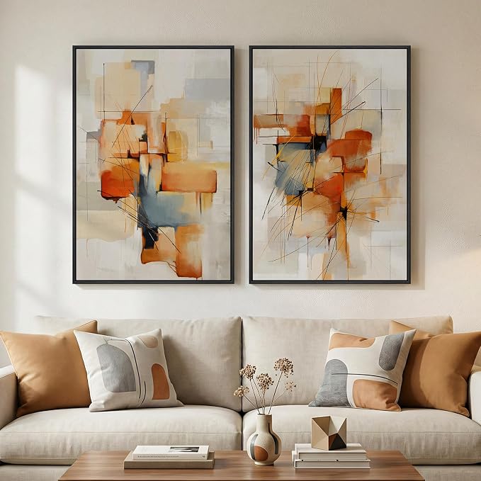 Large Framed Blue Orange Block Abstract Wall Art for Living Room, 24x36 In | 2 Piece, Canvas prints, Colorful paintings, Modern minimalist artwork, Orange block pictures, Dining room bedroom wall decor