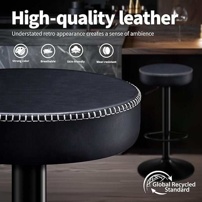 Swivel Bar Stools Set of 2 Black Microfiber Leather Counter Height Bar Stools with Round Seat Adjustable Backless Barstools Modern Tall Bar Chairs for Kitchen Island (24-33 Inch,330lbs)