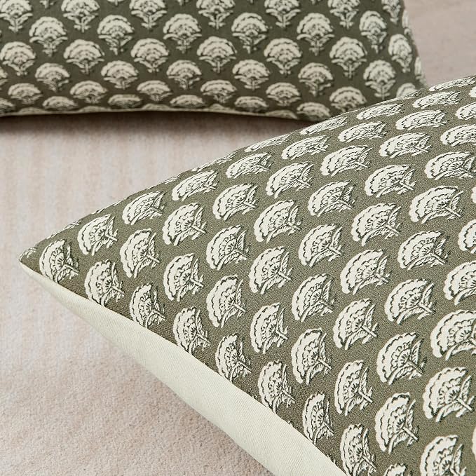 MIULEE Floral Print Decorative Pillow Covers 18x18, Sage Green | Vintage Boho Farmhouse Modern Home Decor, Set of 2, Block Print Cushion Covers for Couch Sofa Bed Living Room