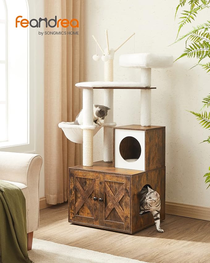 Feandrea Cat Tree with Litter Box Enclosure, 59-Inch Modern Cat Tower | 2-In-1 Condo with Scratching Posts, Washable Removable Cushion, Rustic Brown UPCT113X01