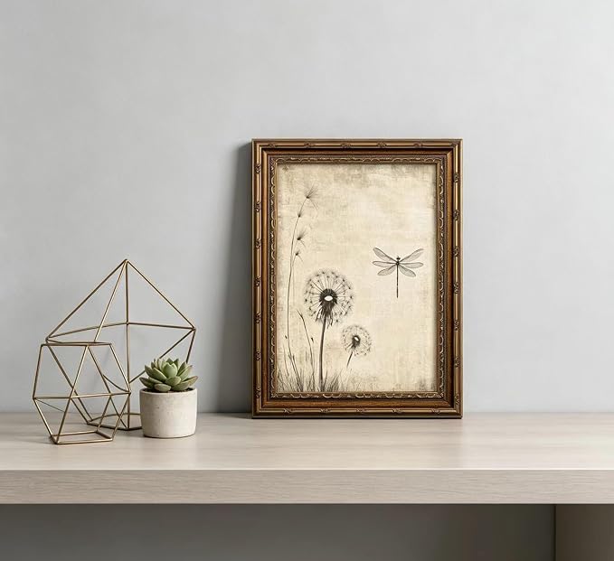 Vintage Gold Framed Canvas Wall Art Beige Dandelion Dragonfly Painting Picture Wall Decor Country Botanical Insect Poster Print Artwork for Living Room Bedroom Home Decoration