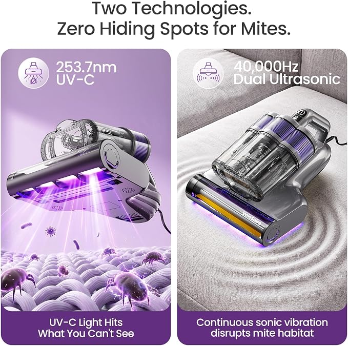 Bed Vacuum Cleaner, 20kPa, 253.7nm UV-C Light, Ultrasonic,149°F Heating
