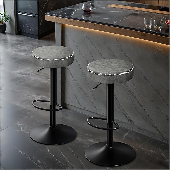 Adjustable Bar Stools Set of 2 Backless Kitchen Barstools with Round Seat 360° Swivel Counter Height Bar Stools Modern Microfiber Leather Bar Chairs for Dining Room Grey (24-33 Inch,330lbs)
