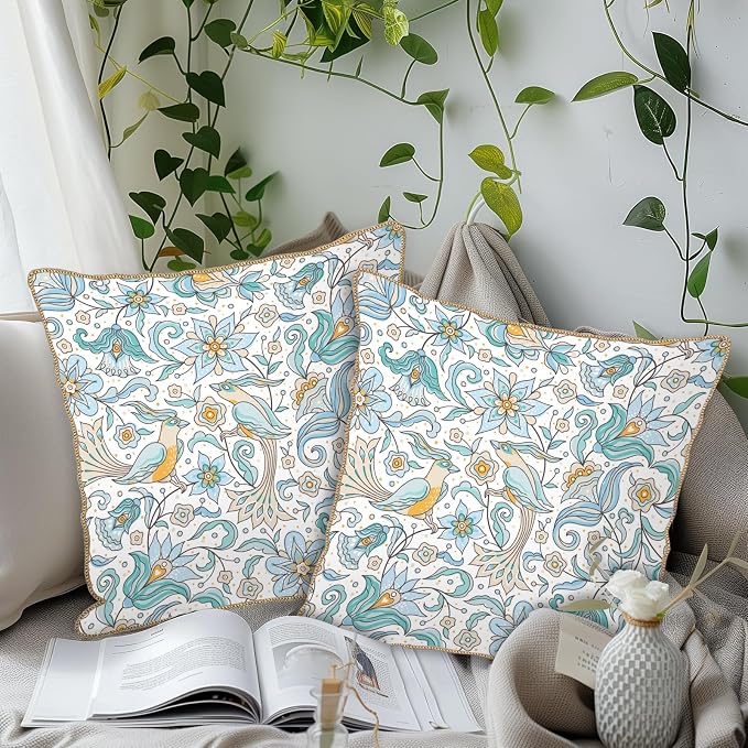 KSLIDS Vintage Floral Soft Velvet Throw Pillow Covers Set of 2 Blue Yellow Flower Birds Decorative Pillow Covers 16x16 Inch Chinoiserie Country Pillow Case for Sofa Couch Bedroom Farmhouse Home Decor