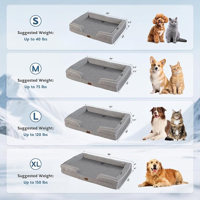 Cooling Dog Bed,Dual-Cooling Design,Q-Max >0.4 Cool Pet Beds for Extra Large Dogs,Orthopedic Foam Dog Bed with Sides, Removable Cover & Waterproof Lining,Grey (48" L x 32" W x 8" Th)