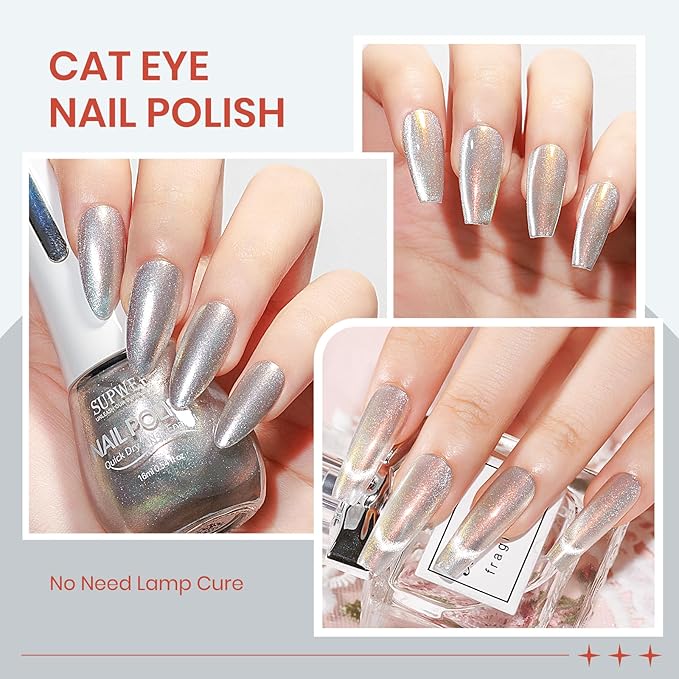 Aurora Silver Magnetic Nail Polish Non Gel, Quick Dry Cat Eye Nail Polish with Magnet for Fingernail Air Drying Fast Lacquer Manicure Gift For Women Girls 16ml/0.54fl oz