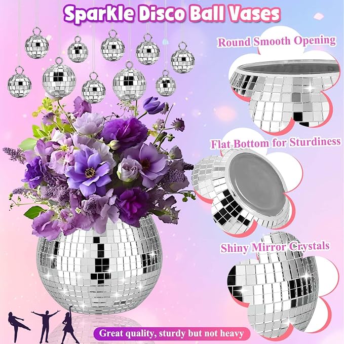 16 Pcs Disco Ball Vase Sets, 6 Pcs Disco Ball Vase Disco Ball Flower Vase & 10 Pcs Disco Balls with 3 Sizes, 3" X 4" Disco Ball Planter Candle for Wedding, Birthday, Party