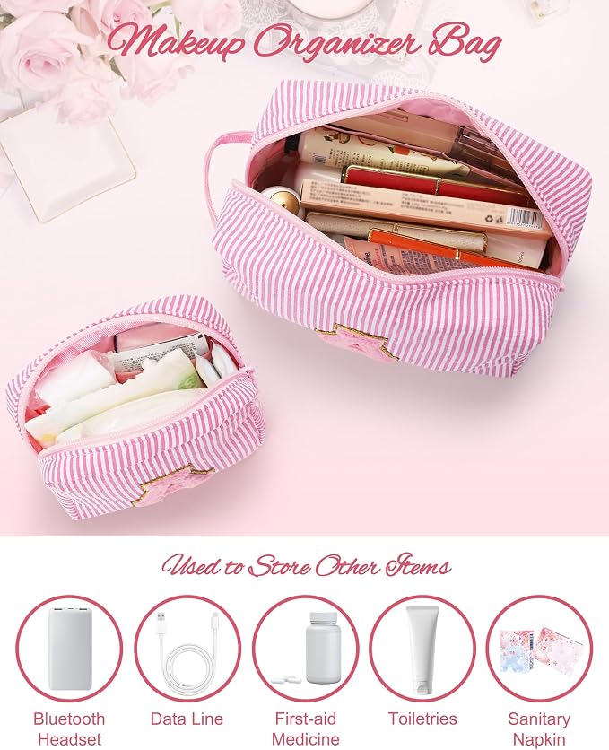 MONSTINA Travel Makeup Bag for Women,Make Up Pouch for Girlfriend Bridesmaid Wife,Birthday Gift for Her Cute Monogram Cute Initial Toiletry Bag Set,2PCS Pink H